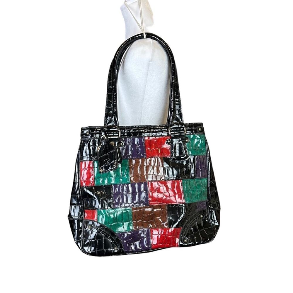 Liz Claiborne Patchwork Color Block Patent Vegan Leather Shoulder Bag Large